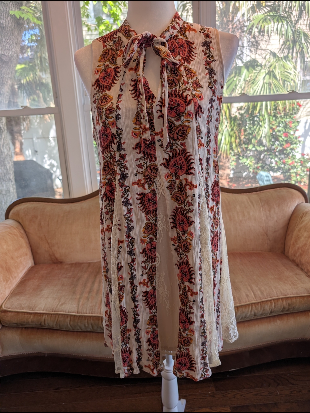 Sleeveless High Neck Midi Dress in Cream And Floral Embroidery Cottage Core